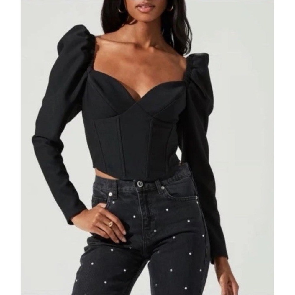 ASTR The Label Betty Puff Long Sleeve Corset Sweetheart Neck Top Black Sz M